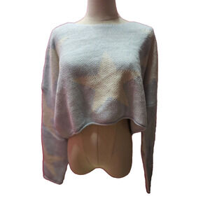 IVORY Crop Knit Wool Blend Sweater Blue Stars Top Slouchy Oversized Medium Large